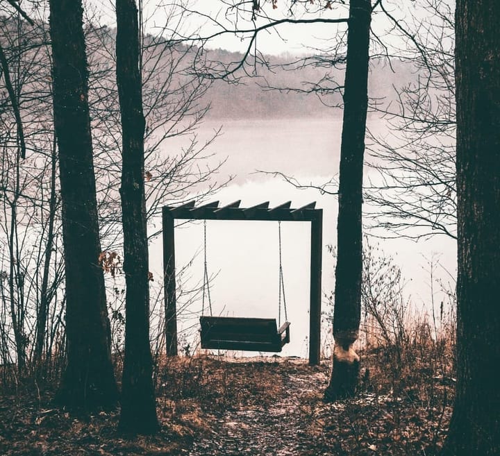 Swing overlooking a lake with mountains in the distance